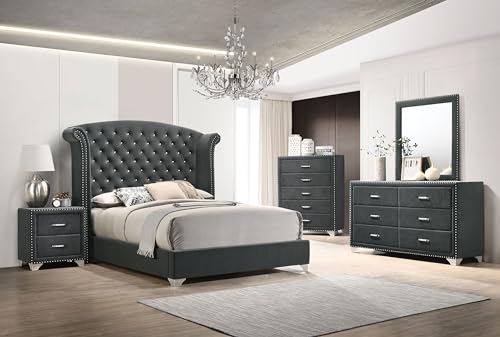 Coaster Home Furnishings Melody Modern Classic 5-Piece Bedroom Set Velvet Upholstered Queen Size Wingback Bed Frame 66-inch Headboard Grey 223381Q-S5 - Thumbnail 2