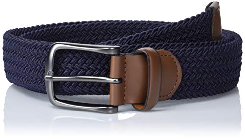 Perry Men's Woven Belt with Stretch Leather-Trim Fabric, Navy, Medium (34 - 36)
