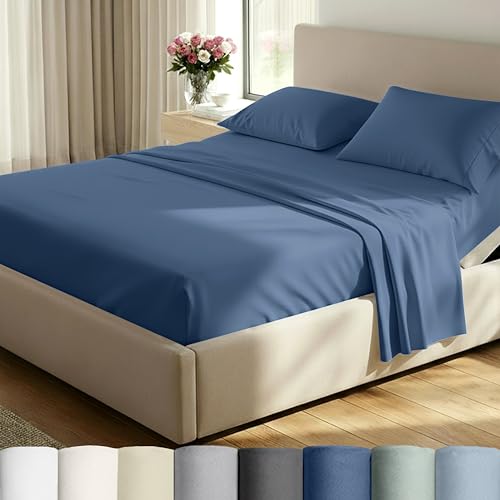 Image of California Design Den 500TC 100% Cotton Split King Sheets Set, Denim Blue | Good Housekeeping Seal, OEKO-TEX Certified, Silky-Soft Sateen Weave, 5pc Set, 15 inch Deep Pockets, For Hot Sleepers, All-Season