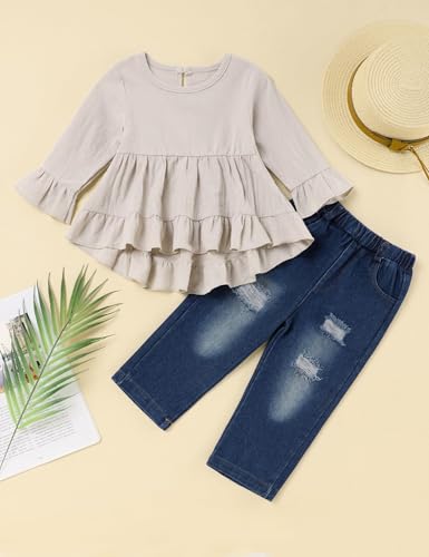 Image of Toddler Girl Clothes Long Sleeve Ruffle Dress Top and Jeans Pants Toddler Girl Fall Outfits