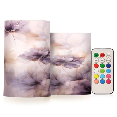 Image of ALAZA Purple Flowers Flickering Flameless Candles Battery Operated with Remote Timer,Tea Light Candles LED Pillar Votive Candles Set of 2 for Outdoor Indoor Decorations