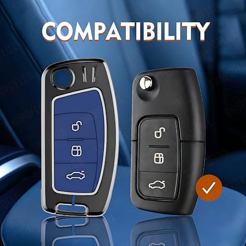 Image of SHOPOFLUX Metal Key Cover Compatible for Ford Old Ecosport | Fiesta | Figo 3 Button Flip Key (Blue Silicone)