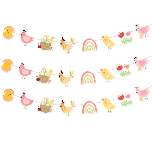 Guirnalda temática de pollo, pancarta de cumpleaños de animales de granja, pancarta de pollito, impresión de doble cara para niños y niñas, temática de granja, decoración de baby shower, fiesta de
