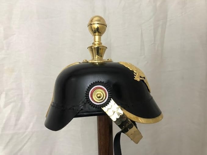 German Pickelhaube Helmet with Brass Badge, Black Military Costume Helmet, 26 x 8 x 9 inches