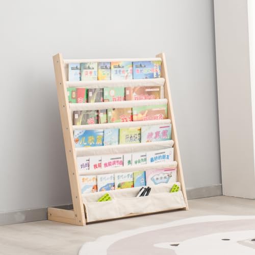 Chubancraft Wooden Bookshelf For Kids Wood Bookrack Canvas Book Storage Shelf Display Bookshelf 6 Tier Kids Book Rack For Bedroom Living Room Playroom Storage Organizer Natural thumb #5