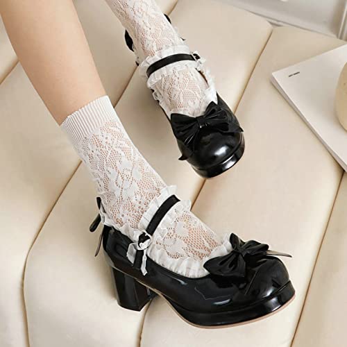 Image of LUXMAX Women Kawaii Mid Block Heel Mary Jane Rockabilly Pumps with Bow Platform Chunky Heel Cute Sweet Shoes