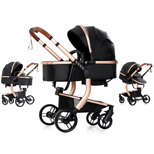 Image of Nine point nine PU Leather 2 in 1 Baby Stroller, Reversible Convertible Infant Stroller of One-Click Folding, Newborn Travel Strollers Toddler Pram Carriage (2US518-Black)