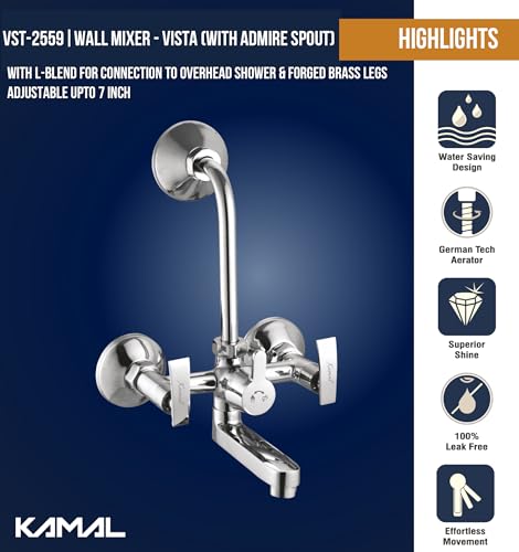 Image of Kamal Full Brass Wall Mixer - Vista Admire Spout with Wall Flange & Legs | Cold & Hot Shower Mixer Chrome Finish with 165mm Long Bend Pipe & Provision for Overhead Shower | Easy to Use Faucet