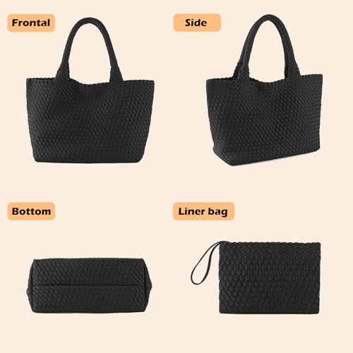 Bolso tote tejido para mujer, negro, grande, bolso de mano madre-hija con bolsa desmontable – bolso shopper texturizado miniatura 6