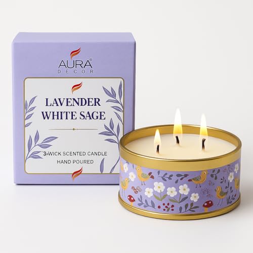 Image of AuraDecor 3-Wick Scented Tin Candle | Premium Gift Set | Hand Poured Soy Blend | Long Lasting | Home Fragrance | Relaxation & Decor (Lavender White Sage)