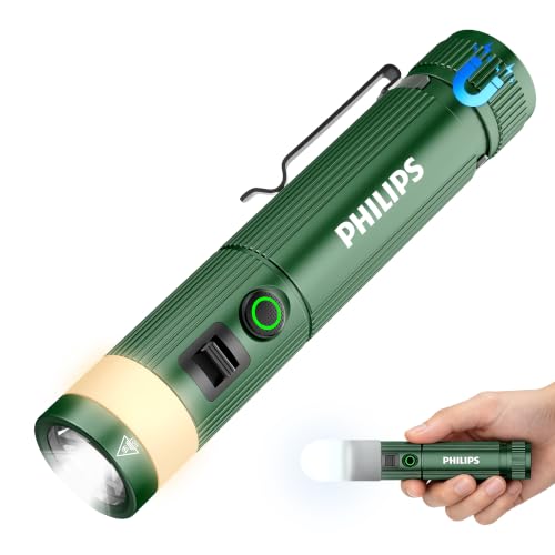 PHILIPS SFL5288 Rechargeable EDC Flat Flashlight with Camping, Warm White LED Combo, 1000 High Lumens Aluminium Portable Pocket Lights with 10 Modes, Two Sources for Outdoors Emergency Working (Green) - image 1