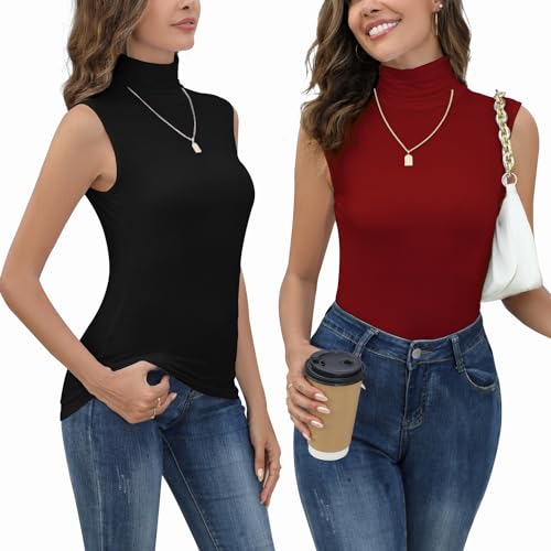 Yukiuiny 2er Pack Damen Rolli Top Ärmellos Rollkragenshirt Elegant Stretch