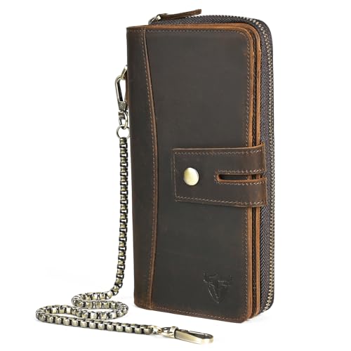 Image of Genuine Crazy Horse Leather Travel Gift Coin Pocket Card Case Long Organizer Chain Rfid Wallet Purse With Snap For Men Male 1803 1815 (1814 Brown)