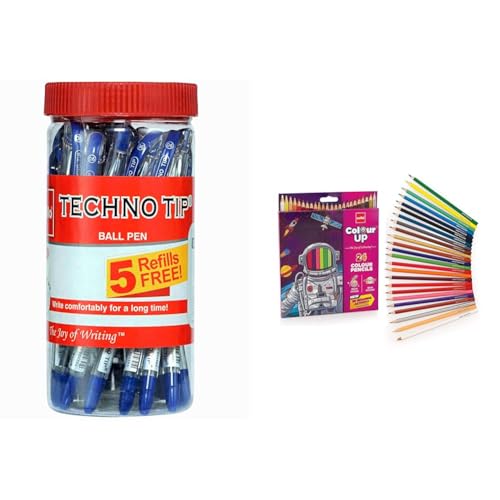 Image of Cello - Technotip Ball Pen | Blue Ball Pens | Jar of 25 Units | Ball Pens for Students | Ball Point Pen Set | Writing Pens for School and Office Use Pens & ColourUp Colour Pencil Set | Pack of 24 ...