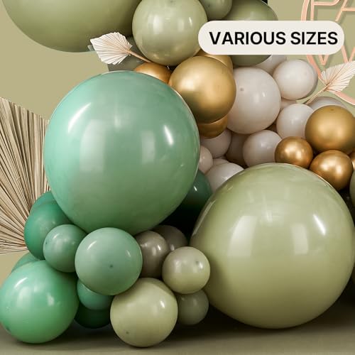 Image of PartyWoo 140 pcs Olive Green Balloon Arch Kit, Sage Green Balloon Garland Kit with Cream White Metallic Gold Retro Green Clear Balloons and Arch Kit for Birthday, Baby Shower, Wedding