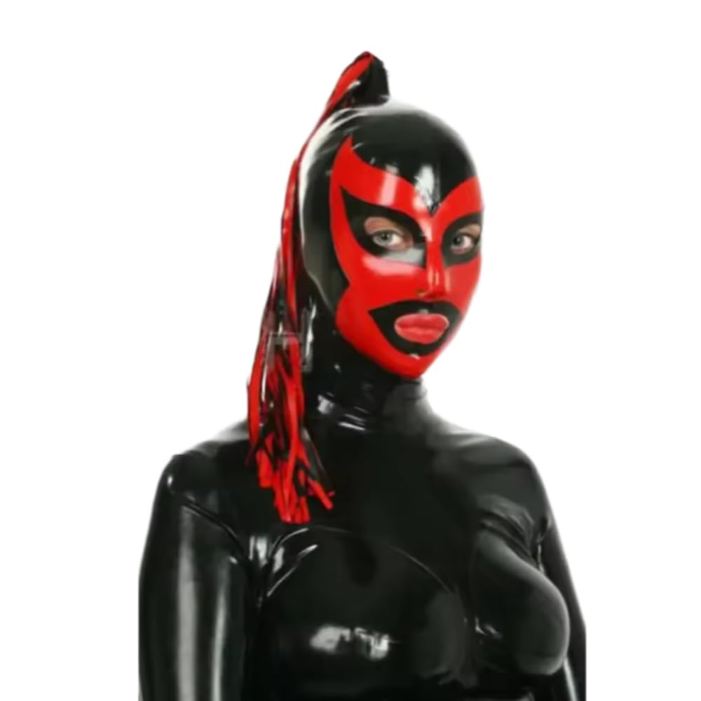 QIANGYTHENKO 100% Latex Rubber Red and Black Hood Mask for Cosplay Halloween Masquerade