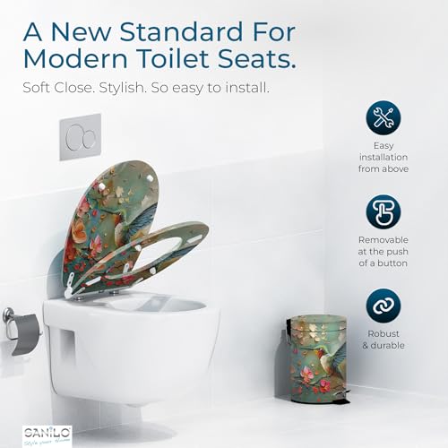 Image of Sanilo Wooden Toilet Seat with Quick Release & Soft Close [ROUND] - Decorative & Slow Close Molded Wood Seat - With One Click for Easy Installation & Cleaning - With Adjustable Fit (Petalo)