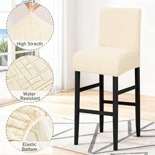 Image of JIUZHEN Ivory Stretch Velvet Bar Stool Counter Covers Set of 2 | Washable Removable Rectangular Seat Covers, Water Resistant, Kitchen, Dining, Pub, Hotel, Wedding and Party Counter Stools