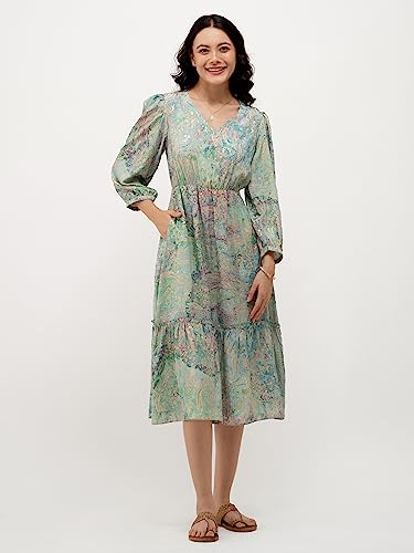 Image of AASK Abstract Printed Puff Sleeve Gathered Detailed Fit Flare Dress