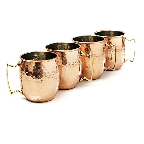 Copper Aart Moscow Mule Mugs / Large Size 19 Ounces / Set Of 4 Hammered Cups / Stainless Steel Lining / Pure Copper Plating / Gold Brass Handles / 3.7 Inches Diameter X 4 Inches Tall #TOP3