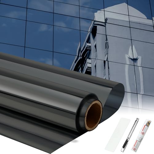 Pushglossy 36 Inchx26 ft One Way Window Film Privacy Daytime Reflective Mirror Window Tint Sun Blocking Thermal Insulated Film Heat Control Static Cling Tint Anti UV Home Office (Black Silver)