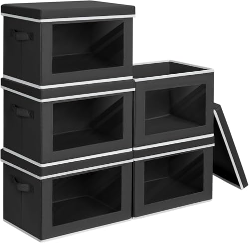 Image of Homsorout Stackable Storage Bins with Lids - Large Decorative Basket with Lids, Fabric Foldable Closet Organizer Bins, Shelf Organizer for Living Room, Dorm, 5 Pack, Black