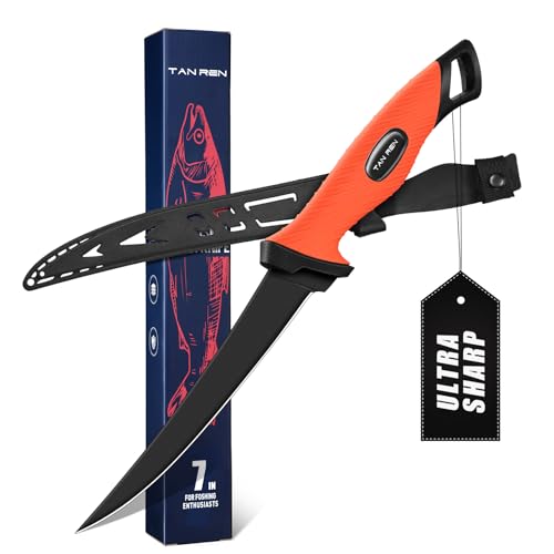 TAN REN Filetiermesser Fisch 16.5CM, Edelstahl Fischmesser mit Anti-Rutsch-Griff, Scharfes Angelmesser, Full Tang Filetiermesser Fleisch profi Messer, Outdoor-Messer für Fisch und Fleisch