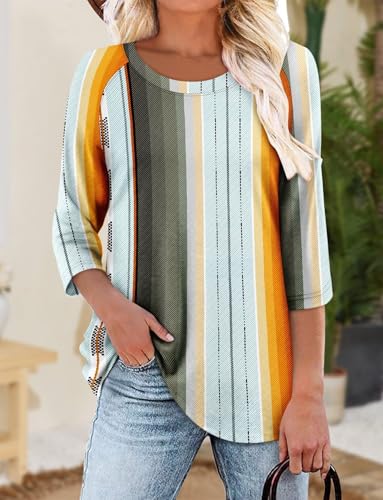 KISSMODA Tunic Tops for Women Loose Fit Dressy Round Neck Pleated 3/4 Length Sleeve Spring Tops