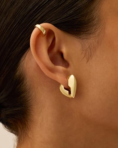 PAVOI 14K Gold Plated Bold Chunky Dupe Heart Hoop Earrings for Women | Gold Earring Pair2