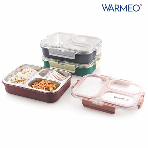Image of WARMEO BENTO Microwave-Safe Stainless Steel Lunchbox with 3 compartments,bpa Free,Perfect for Office, School, Travelling, 750ml-Grey