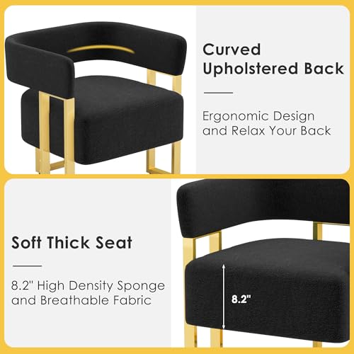 Image of Boucle Dining Chairs Set 2, Black Upholstered Accent Armchairs, Gold Legs