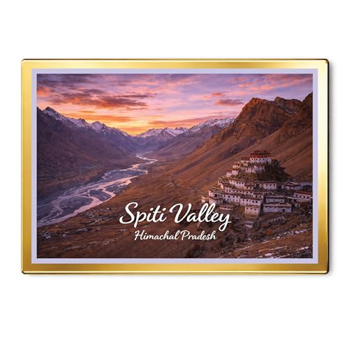 Image of Decorative Fridge Magnet with Glowing Border | Pack of 1 (Spiti Valley, Himachal Pradesh, 4x3 inch - Golden Border)