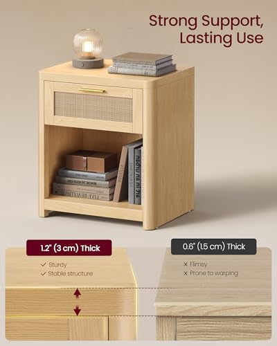 Image of VASAGLE Set of 2 Boho Nightstands with Rattan-Look Drawer | Accent Side End Tables, Open Compartment, Rounded Corners, for Bedroom Bedside, Oak Beige, ELLAN Collection ULET818YC01