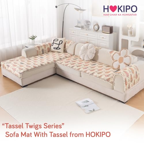 Image of HOKIPO Royal Kalamkari L Shape (3+3 Seater) Sofa Seat Mat with Tassel| Quilted Sofa Cover Mat, 'Tassel Twigs' Series (IN-986-T2*2)