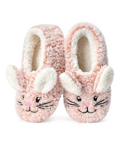 Hygknixx Pink Bunny Slippers for Big Kids Cute Fuzzy Plush Indoor Non Slip Soft Sole Slippers Cozy Gift Idea Size 1-3