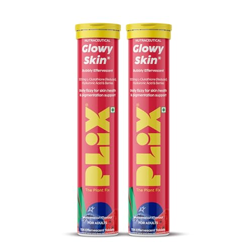 Image of PLIX - THE PLANT FIX Glutathione Effervescent Tablets for Clear, Glowing & Youthful Skin | 500mg Glutathione, Vit E & Hyaluronic Acid | No Maltodextrin, No Sugar | Pack of 180 (12 tabs) | Watermelon