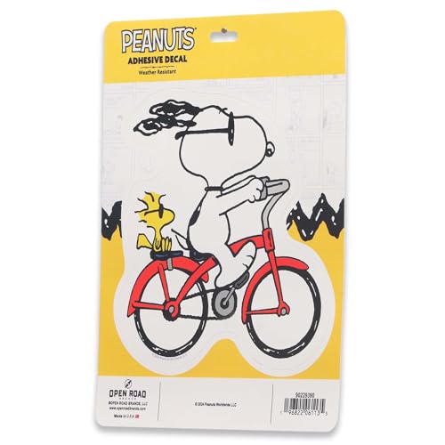 Image of Peanuts Snoopy and Woodstock Biking Adhesive Vinyl Decal - Fun Snoopy Sticker for Car, Window or Laptop