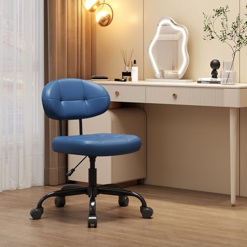 Image of Misolant Vanity Chair with Back, Small Armless Cute Office Chair with Wheels and Lumbar Support, Comfy PU Leather Desk Computer Chairs with Adjustable Height, 360Swivel for Home Bedroom, Navy Blue