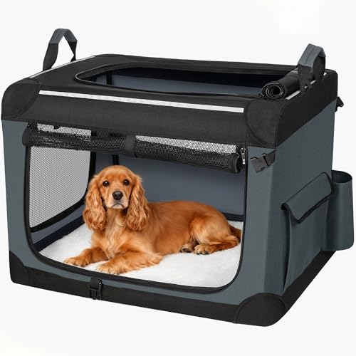 Fobyfurny Hundebox Faltbar, 3-Türiger Transportbox Hund, 76,2 × 53,4 × 53,4cm, Tragbare Hundetasche mit Reflektierenden Streifen und Taschen, Oxford-Gewebe, Die Matte ist Abnehmbar, Grau, FPDT006OG1