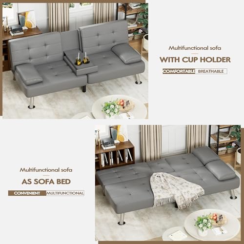 image for Homall Futon Sofa Bed, Leather Futon Couch with Removable Armrests, Ad