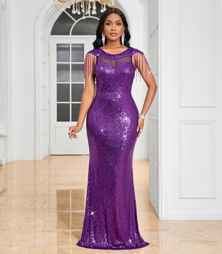 Image of Cololura Women Sexy Sequin Mesh Perspective Bodycon Party Cocktail Evening Gown Maxi Dress