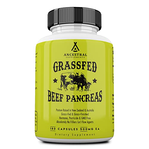 Ancestral Supplements Grass Fed Beef Pancreas Supplement, 500mg, Pancreatic Support with Proteolytic...