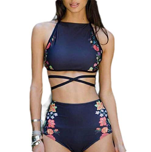 Conjunto De Biquíni Feminino De Cintura Alta Com Estampa De Faixas Da KLJR, 1, Grande