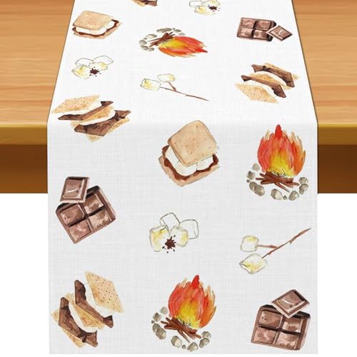 Pudodo S'Mores Table Runner Camping Themed Party Picnic Kitchen Dining Room Home Decorations (13" x 72")