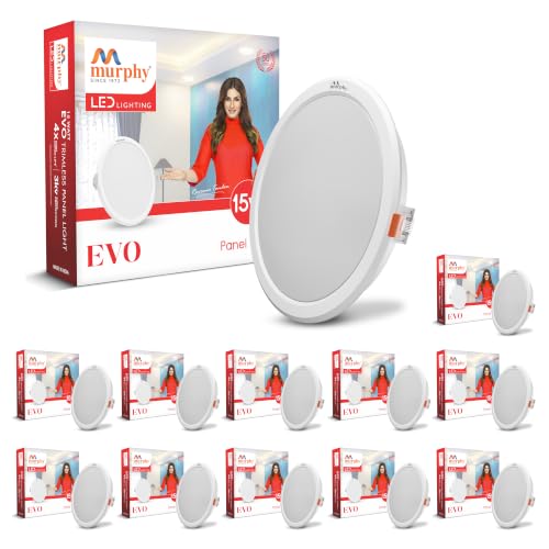 Image of Murphy EVO 15W Round LED Panel Light | 3000K Warm White| Recessed Ceiling Light | 1500 Lumens | 150mm Cutout | 4kV Surge Protection | BIS Approved |2-Year Warranty |Pack of 12