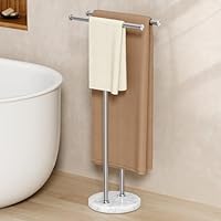 KES Free Standing Towel Rail 3X Thicker Round Marble Base for Bathroom, Double T-Shape Towel Holder Stand with 100% Natural Mable Base, 18/8 Stainless Steel, Brushed Finish, BTH237B-2