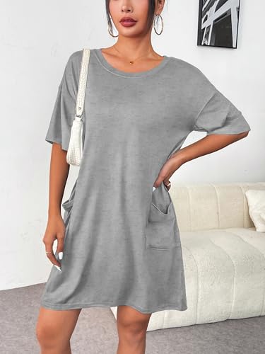 Image of Ekouaer Sleep Shirts for Women Nightgown Short Sleeves T shirt Night Dress Round Neck Womans Nightgown with Pocket S-XXL