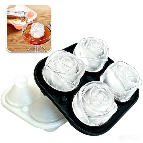 Eyudah Rose Flower Ice Ball Maker - 4-Cavity Silicone Ice Tray with Lid