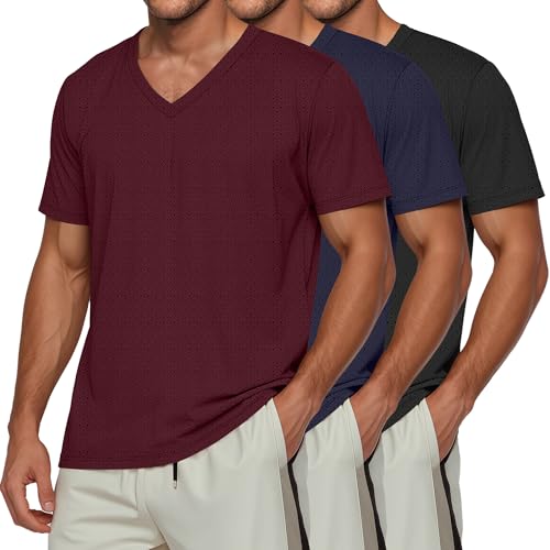 Huukeay 3 Pack Men's Big and Tall Quick Dry Shirts, Short Sleeve Tops V Neck Mesh Moisture Wicking Athletic Tees