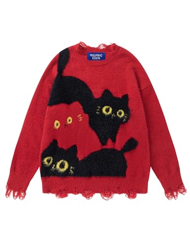 Aelfric Eden Women's Pullover Sweater Color Blocking Cat Graphic Sweater Casual Soft Warm Fall Winter Knitted Tops